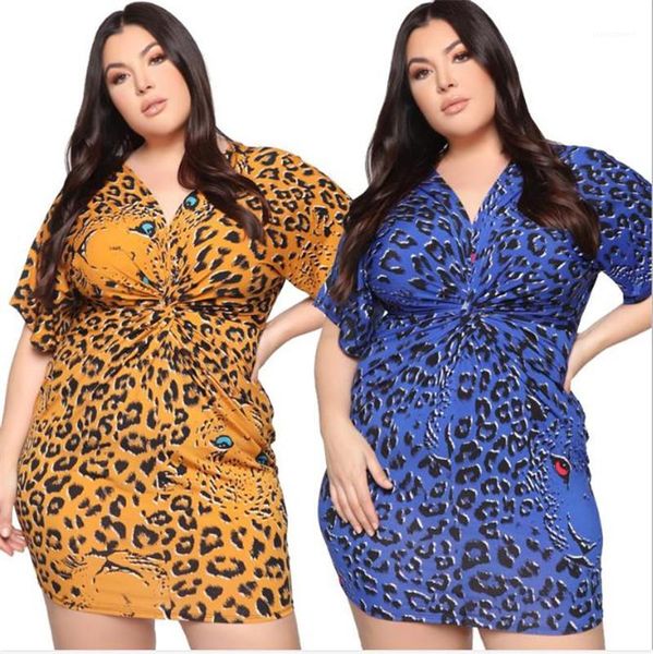 

sleeve bodycon dress summer female clothes leopard printed v neck plus size womens hips dress fashion shorts