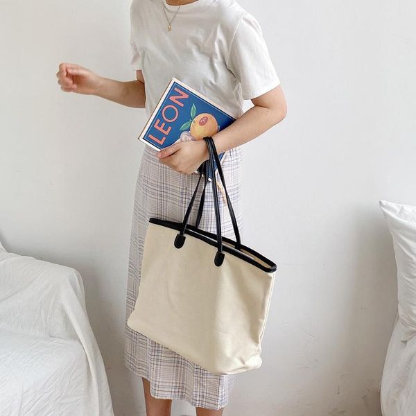 

2020 panelled women shoulder bags korean canvas cotton pu leather female middle handbags casual canvas beach bag whole sale