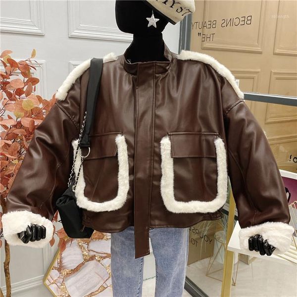

autumn winter 2020 thickened plus velvet pocket locomotive coat fur one-piece jacket women short loose pu leather jackets1, Black;brown