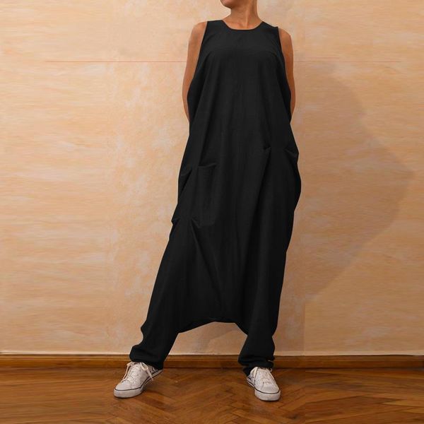 

2021 plus size summer women casual solid sleeveless vintage loose long harem overalls romper drop-crotch pants jumpsuits, Black;white