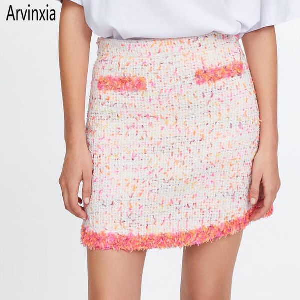 

arvinxia casual striped tweed woman mini skirts new elastic europe stylish lady skirts loose tassels office lady bottoms1, Black