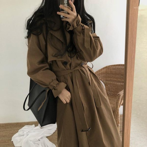 

women autumn winter vintage long trench coat female khaki windbreaker double breasted long sleeve cloak with belt overcoat1, Tan;black