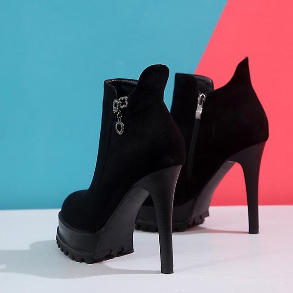 

12cm high heel ankle boots platform side zipper short plush thin heel short round head winter dress boots women, Black