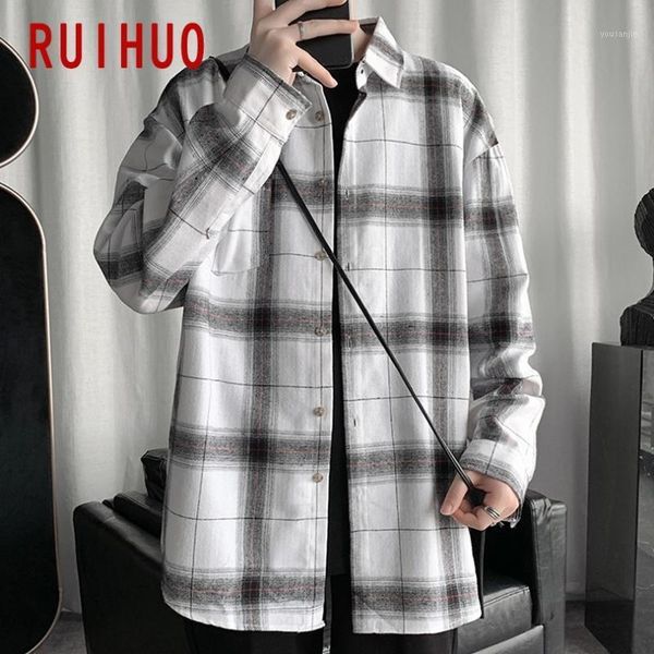 

ruihuo plaid shirts for men clothing 2021 fashion long sleeve plaid shirt men harajuku mens shirts casual slim fit -5xl1, White;black
