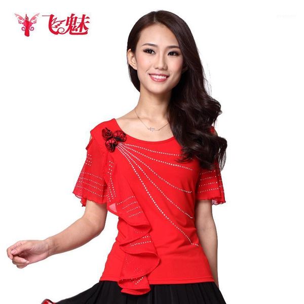 

women's square dance clothing crystal cotton&net yarn latin dance clothes three flower strapless drill, Black;red