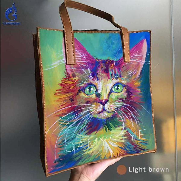 

hand paint painted graffiti art multicolor cut cat women handbag genuine leather shoulder bag retro crossbody bag large capacity