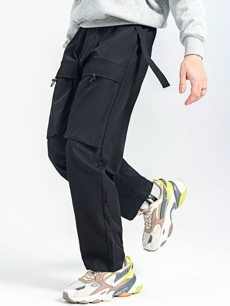 

men drawstring utility pocket buckled detail pants v0l2#, Black