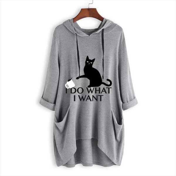 

2021 new coming women hoodies print cat letter hooded long sleeve roll up pockets irregular sweatshirts lady oversized, Black