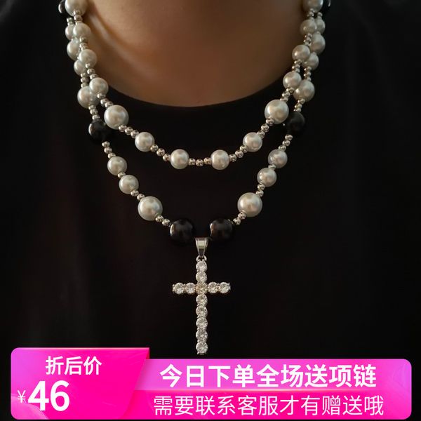 

hip hop double black and white pearl necklace with diamond inlaid zircon cross pendant is popular, Silver