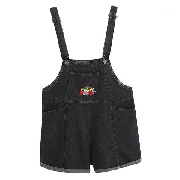 

black denim overalls cartoon embroidered short women's summer new cotton suspenders are suitable for teenage girls short1, Black;white