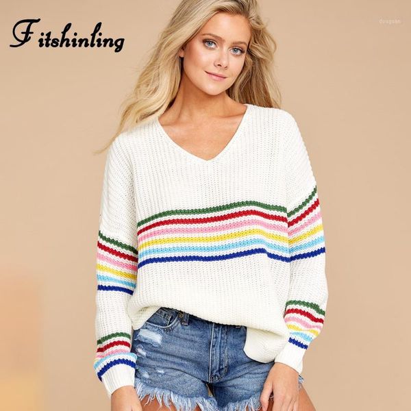 

fitshinling winter fashion women's sweaters 2020 rainbow striped slim pullovers korean style knitted jumper v neck pull femme1, White;black