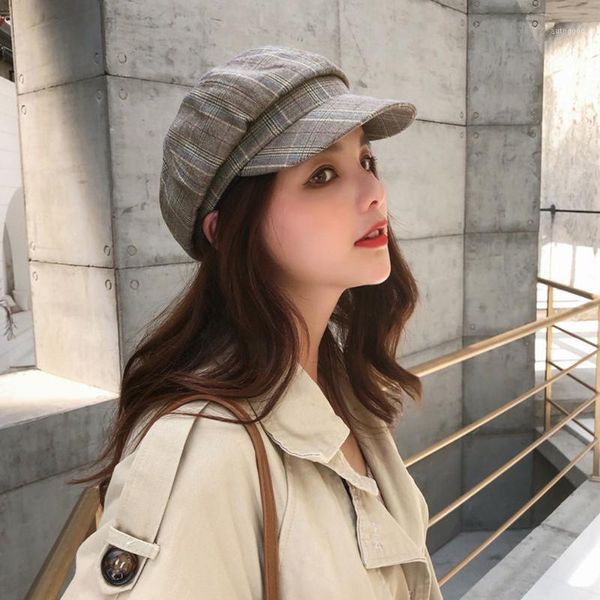 

berets women vintage bomber hats winter casual retro plaid beret sboy painter literary cap peaky blinder chapeau femme1, Blue;gray