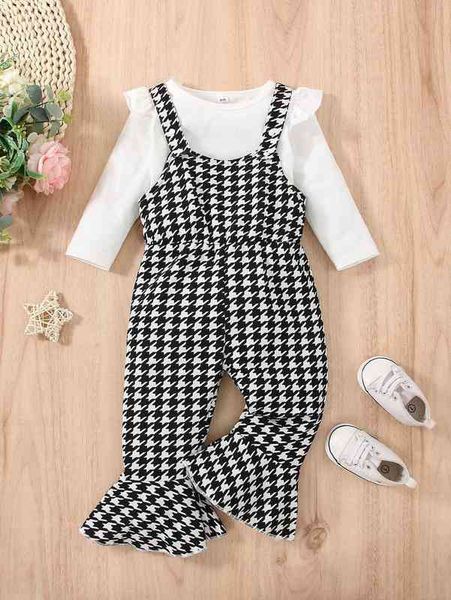 

baby ruffle trim bodysuit & houndstooth print flare leg overall jumpsuit she, White