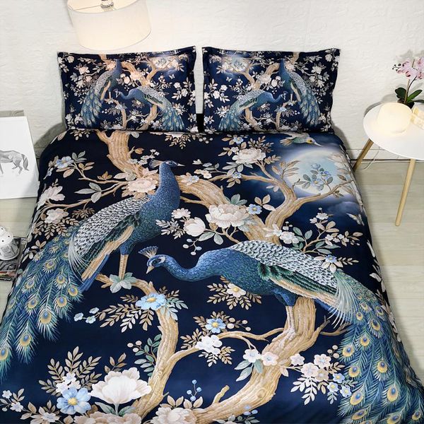 

jf-448 hd digital print bed cover set 4pcs luxury blue peacock bed linen single 150cm duvet cover kids bedding set king