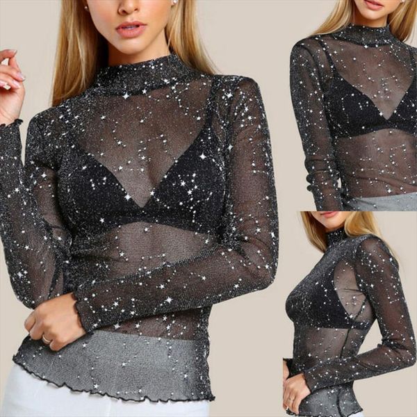 

s 2xl transparent mesh t shirt long sleeve bling see through long sleeve shirt women look sheer plus size summer, White