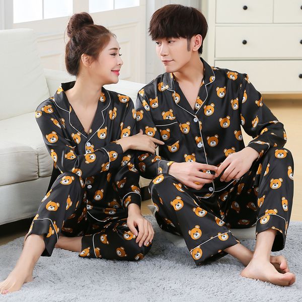 

new fashion men pajama sets spring autumn pyjamas set nightwear long-sleeve cartoon lovers homewear couples his-and-hers clothes, Black;brown
