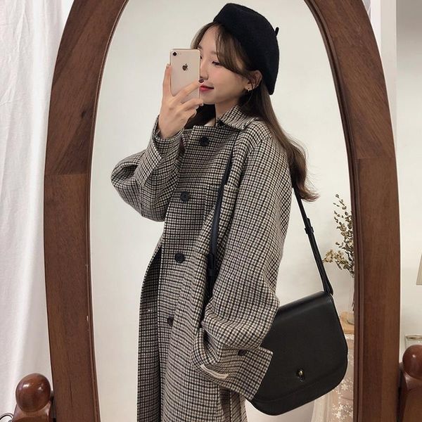 

winter plaid coat female blend coat overcoat 201031, Black