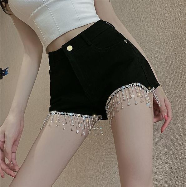 

cakucool new summer denim shorts diamond beading tassels shiny chic shorts empire ripped slim women clothing, White;black