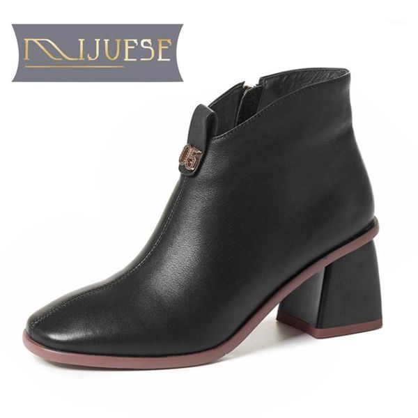 

boots mljuese 2021 women ankle cow leather zippers metal decoration winter short plush square toe high heels women1, Black
