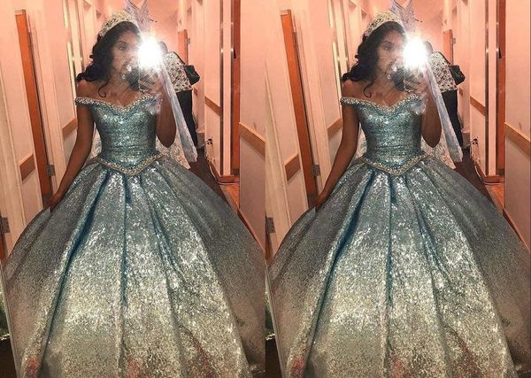 

stunning sequined off shoulder ombre quinceanera prom dresses ball gown cap short sleeve gradiant sweet 15 16 party formal dress, Blue;red