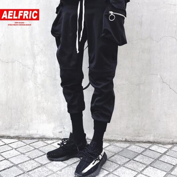 

aelfric hip hop hole ribbon zipper pockets cargo pants male fashion streetwear harajuku sweatpants casual joggers mens trousers1, Black