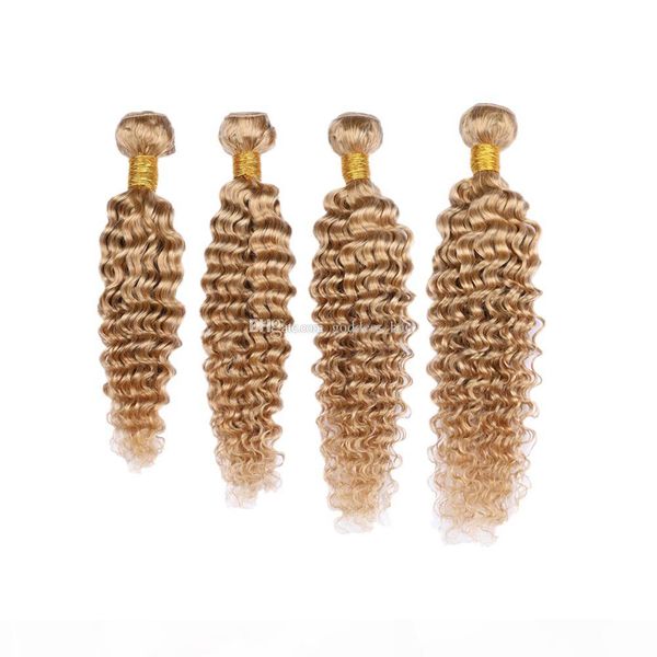 

honey blonde #27 deep curly hair extension 400g pure color strawberry blonde deep wave wavy hair weaves 4pcs lot, Black
