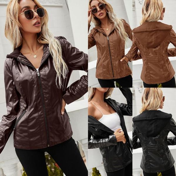 

hooded zipper long sleeve solid color women's leather jacket women, Black;brown