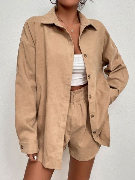 

drop shoulder corduroy blouse & frill waist shorts t2ov#, White