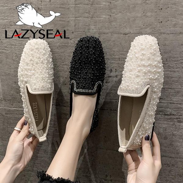 

lazyseal 2020 spring flats women shoes jewelry crystals pearl loafers flat heel string bead moccasin mules shoes for women, Black