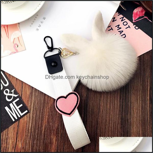 

keychains fashion accessories fur pom fake rabbit ball key chain porte clef pompom de fourrure fluffy bag charms bunny keychain keyring drop, Silver