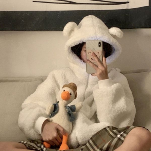 

bcxxs autumn and winter 2020 zipper cotton-padded cotton-padded zippernew sleeve cute bear ear imitation lamb wool aging zipper long sweet w, Black