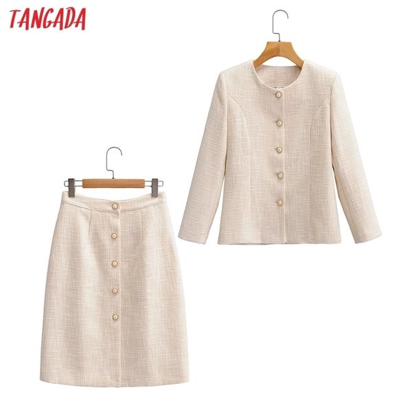 

tangada autumn winter women's set solid blazer skirts set suit 2 piece set office lady suit and skirts sy133 201027, White