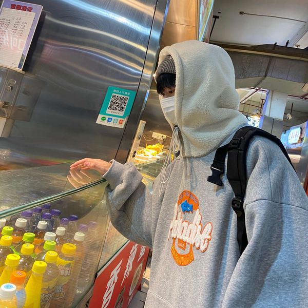 

autumn and winter plush sweater men's loose trend versatile coat bf lazy hooded student's thick top, Black