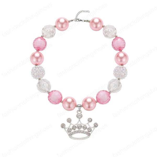 

girl princess pink necklace with crown children shiny chunky bubblegum pendant necklace kids birthday party jewelry gift, Red;brown