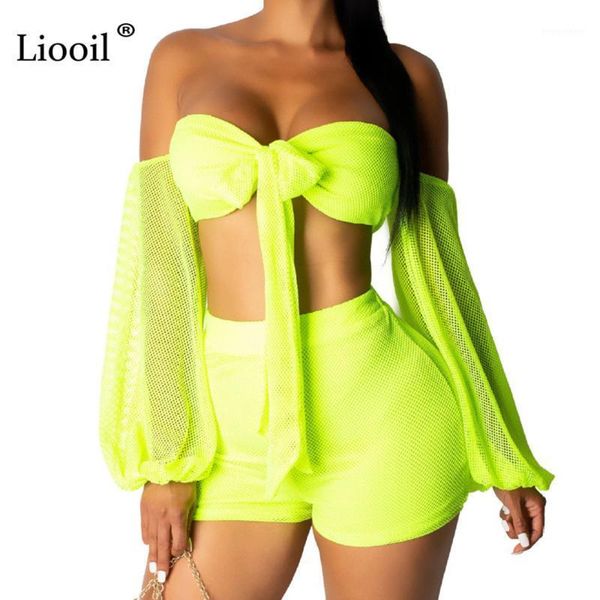 

liooil off shoulder mesh two piece short set for women 2019 and pants biker shorts 2 piece outfits set matching sets1, White