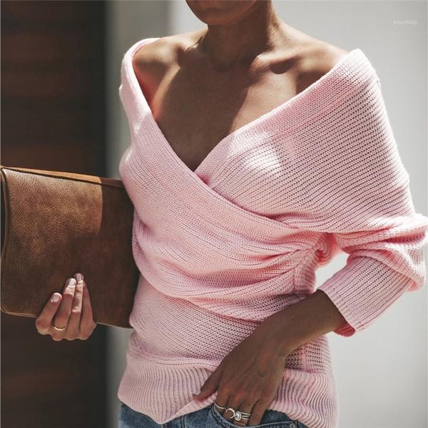 

women's deep v neck cross knitted sweater autumn winter ladies backless knit pullover sweater pink truien dames winter 20191, White;black
