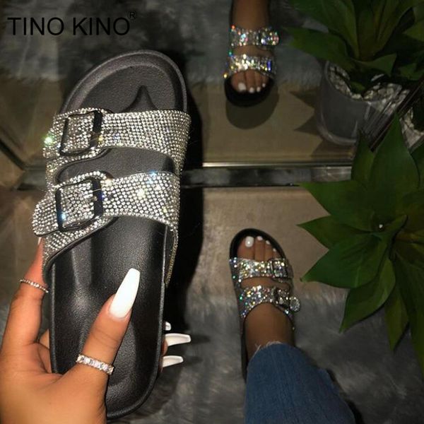 

tino kino women crystal buckle slippers woman shoes summer glitter casual flat slippers female fashion shoes ladies footwear y200706, Black