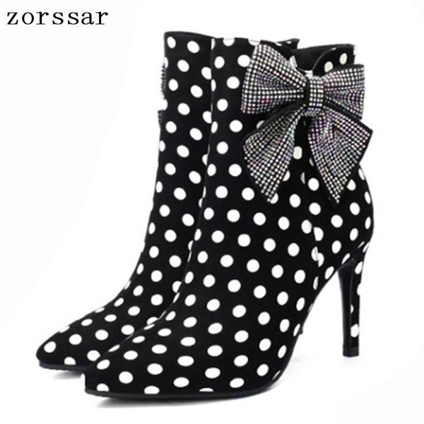 

zorssar} big size 33-43 thin heels women ankle boots winter kid suede leather fashion butterfly-knot female booties shoes, Black