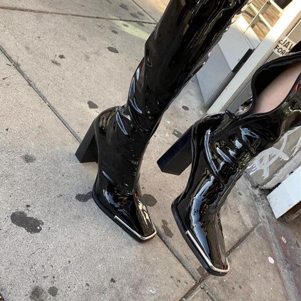 

boots fashion women black patent leather chunky over the knee long gladiator