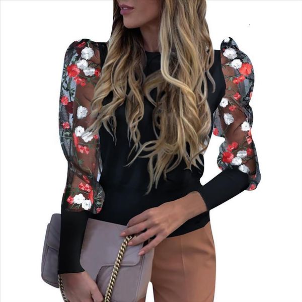 

women long floral puff mesh sleeve ladies casual pullover blouse loose jumper fashion new shirt, White