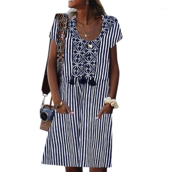 

floral stripe short sleeve pocket printed stitching dress 2020 new casual large size 5xl loose dresses ladies leisure vestidos1, Black;gray