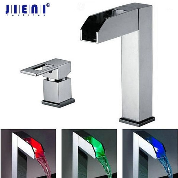 

jieni bathroom basin led faucet water power basin led mixer chrome plated 2 pcs faucet set waterfall 3 colors mixer & tap1