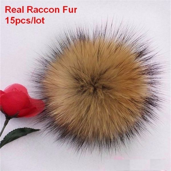

15pcs/lot wholesale price real raccoon ball 14cm genuine fur pompom for women kids winter skullies beanies hat diy pompoms y201024, Blue;gray