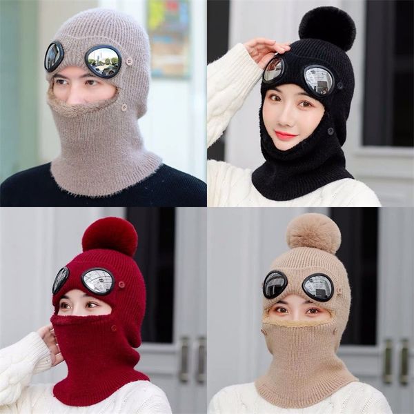 

plush one piece hat thickening keep warm knitting ear protection cycling woolen hats women men winter neck cover masks versatile 19 5lq m2, Black