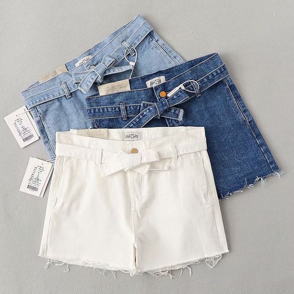 

summer 2019 street high waist thin lace up denim shorts, Blue
