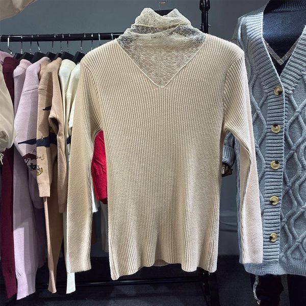 

korean and japan style women solid color lace bottom sweater female slim fit knitwear blouses, White;black