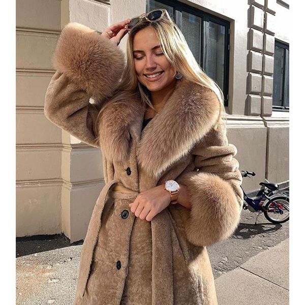 

katara fashion all match wool coats women elegant large faux fur collar jackets women autumn winter mid length coats ladies, Black