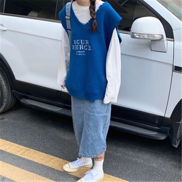 

blue letter oversize knit vests women autumn korean style v-neck loose sweater vests female fashion csual streetwear waistcoats, Black;white