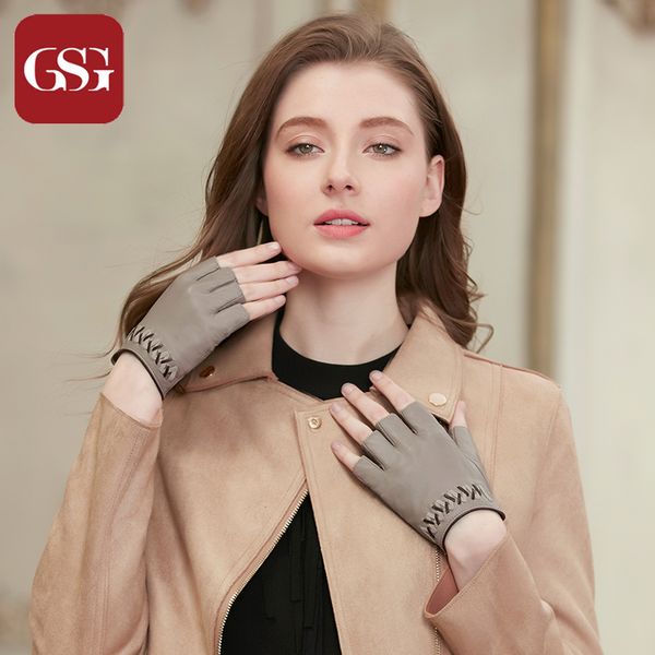 

gsg fingerless sheep leather gloves women handmade woven fashion gloves gray black brown button ladies half finger driving glove 201020, Blue;gray
