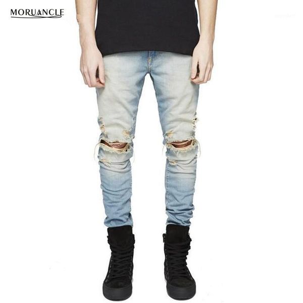 

wholesale- fashion hi-street mens ripped jeans joggers knee hole streetwear distressed slim fit denim pants washed trousers1, Blue